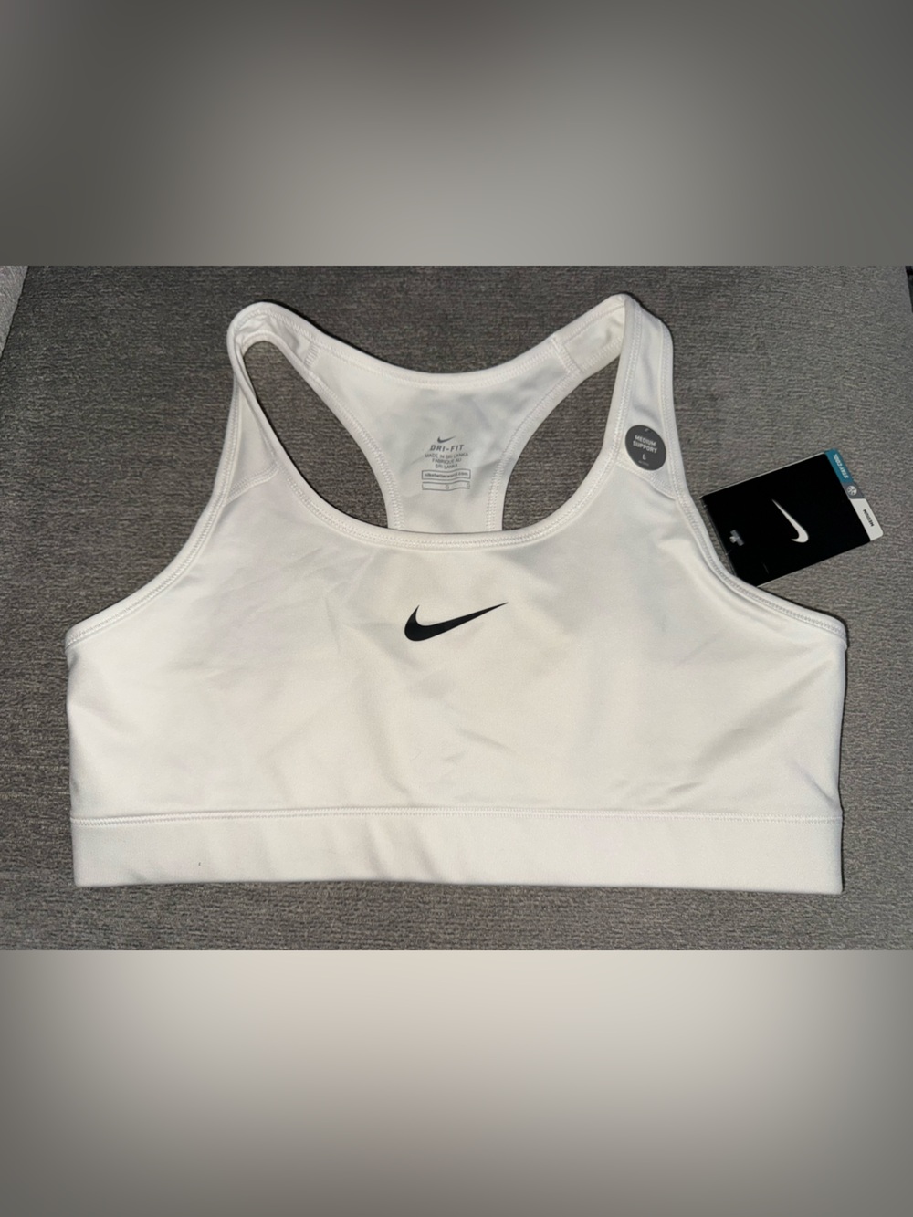 Nike White Racerback Dri-FIT Sports Bra with Black Swoosh